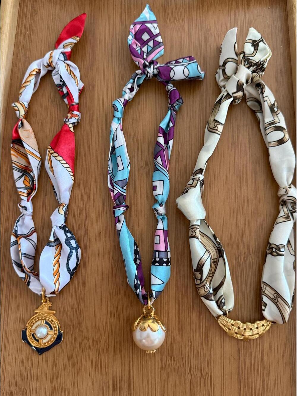 3 vintage charm scarf necklaces